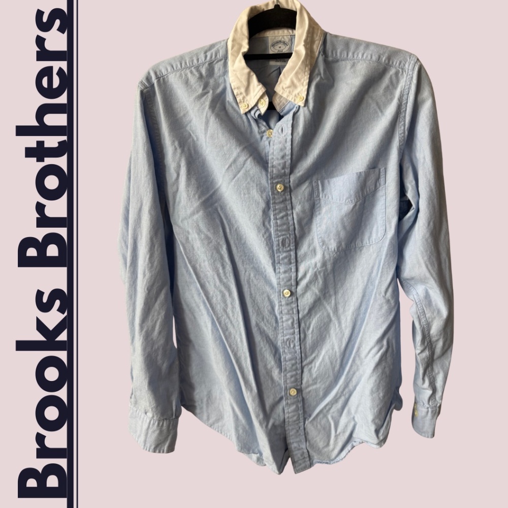 Brooks Brothers: Light Blue + White Collar Dress Shirt, Size Medium, Slim Fit.